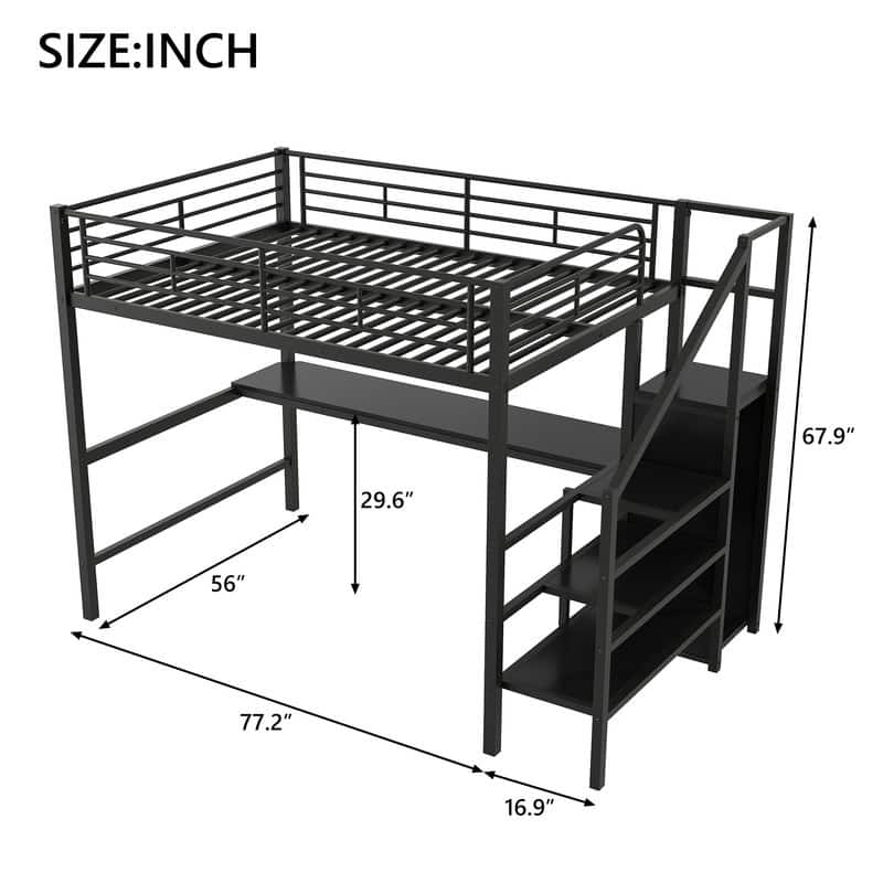 Full Size Metal Loft Bed with Desk, Storage Staircase, Small Wardrobe and LED Light,Black
