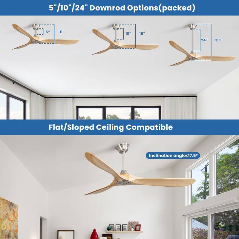52''/60" Large Ceiling Fan without Lights, Remote Control and Reversible Motor Included, 3 Wood Blades