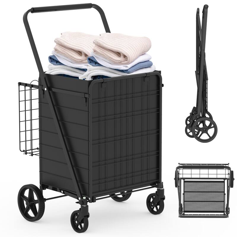 Anmytek Foldable Extra Large Grocery Shopping Cart with Double Basket 360 Degree Swivel Wheels for Groceries Laundry