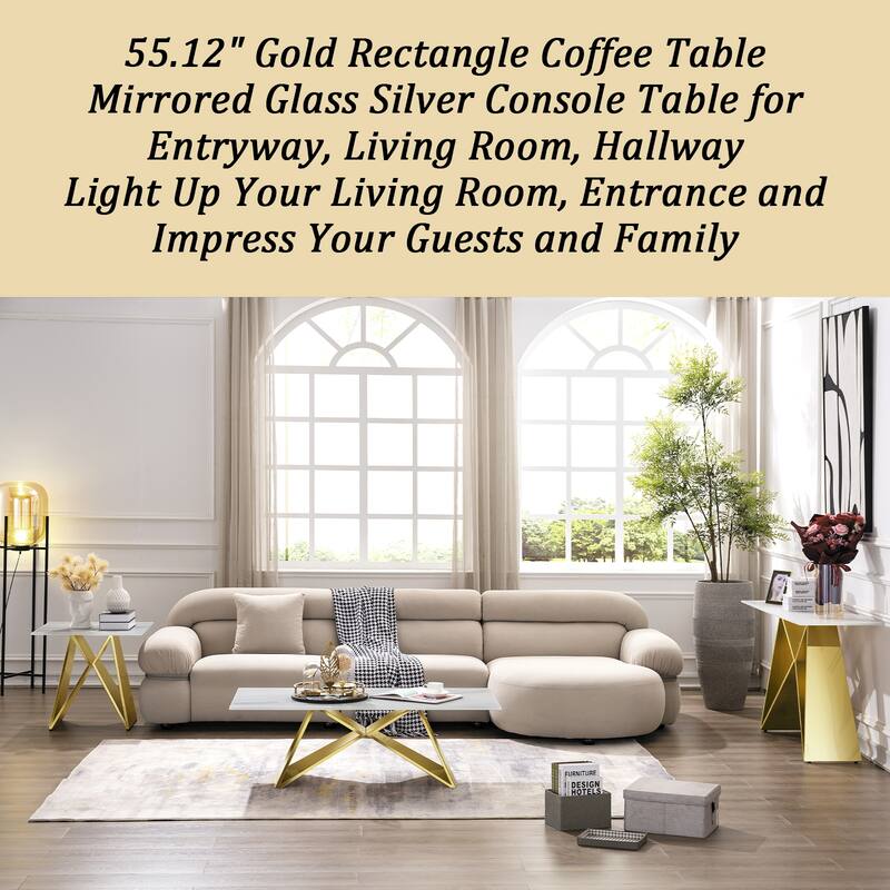 55 inch Rectangle White Glass Console Table with Mirrored M-Shaped Base