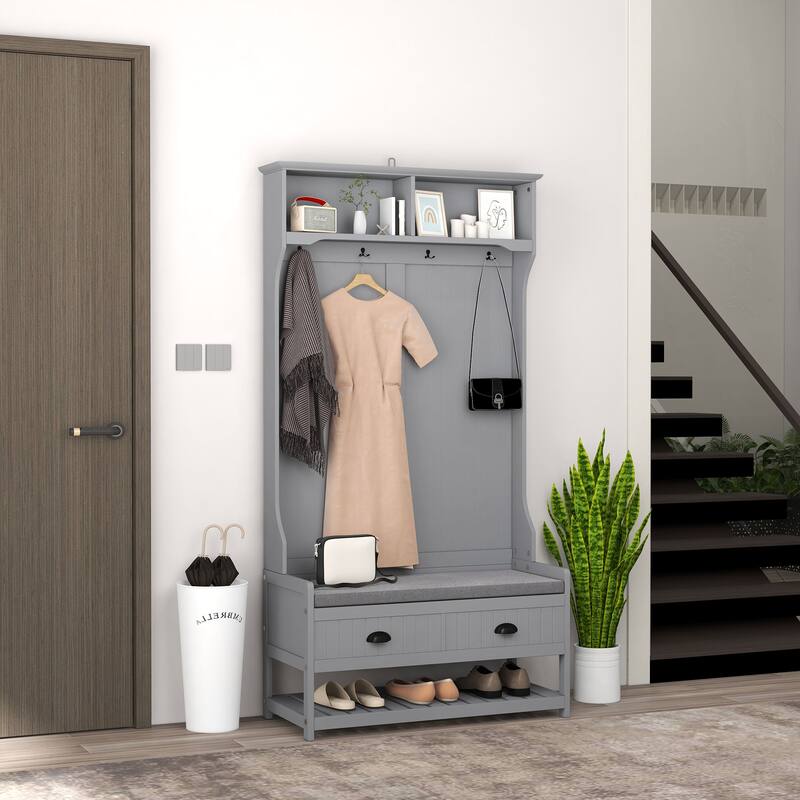 HOMCOM Coat Rack and Bench Hall Tree Organizer with 4 Hooks, 2 Drawers with Padded Seat Cushions for Entryway, Gray - Grey