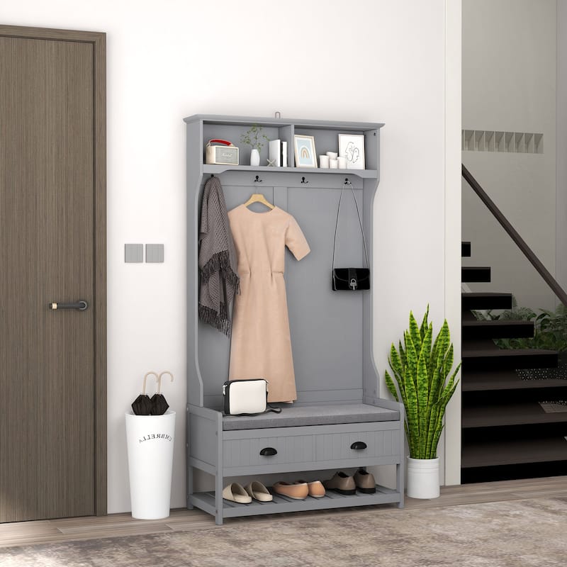 Hallway Hall Tree Cabinet Storage Cabinet with Comfortable Seating and Slatted Shoe Shelf, Coat Rack with Drawers