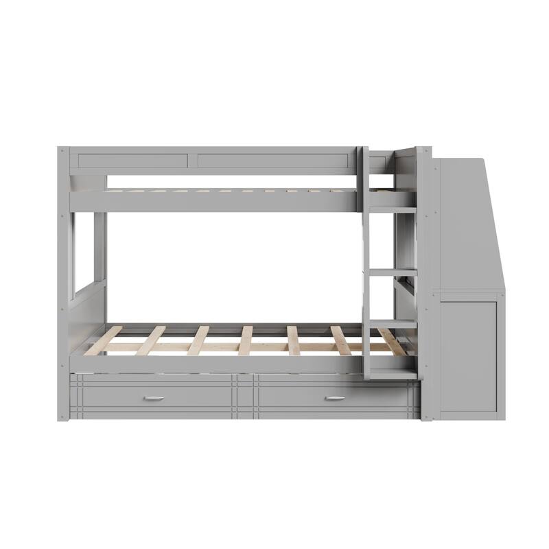 Full Size Multifunctional Bunk Bed Frame with Bookshelves, Desk and Cabinet, Optional with Pull-out Drawers or Trundle Bed