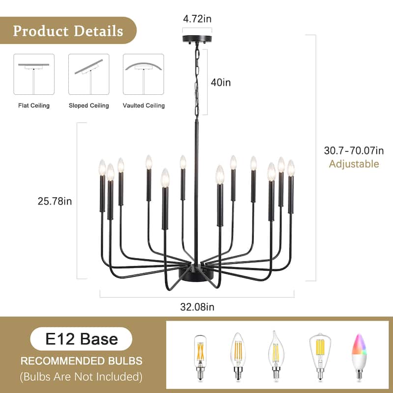 12-Light W32.08" x H70.07" Rustic Candle Chandelier for Dining Room Bedroom