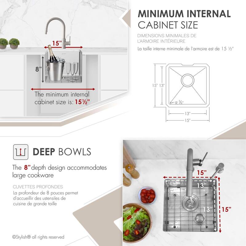 Stylish Undermount 15" Single-Bowl Stainless Steel Bar Sink S-317G - 15" x 15" x 8"
