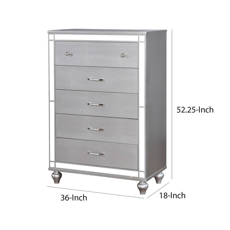 Five Drawer Solid Wood Chest with Mirror Accent Trim Front, Silver
