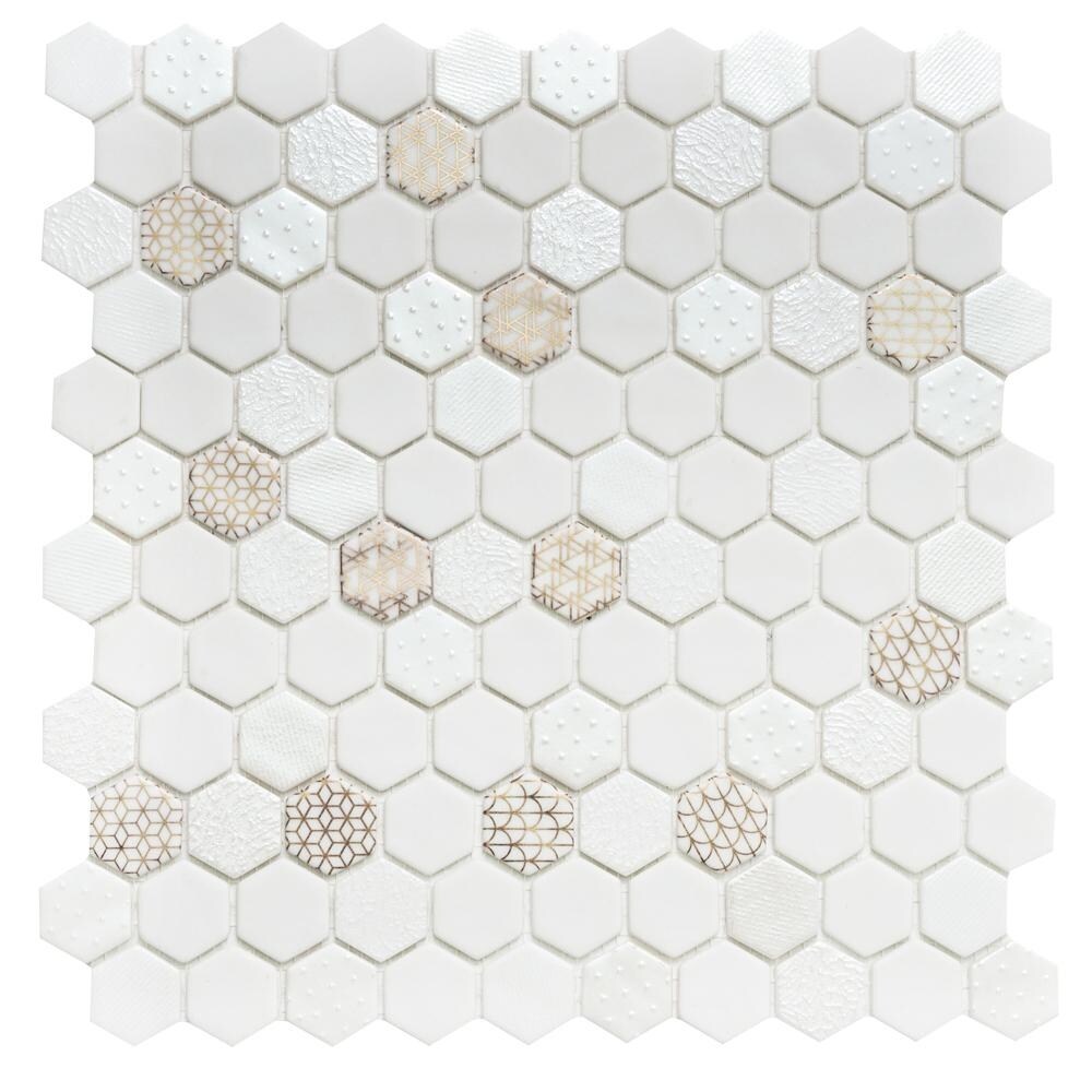 flyout slide 1 of 6, The Tile Life Eterna Hex Recycled Gold 1"x1" Glass Shiny Mosaic Tile