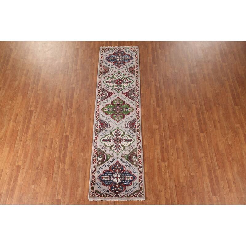 Geometric Grey Kazak Runner Rug Hand-Knotted Oriental Wool Carpet - 2'7"x 9'10"