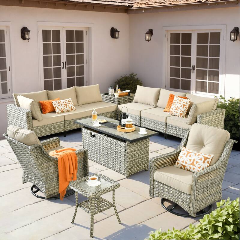 OVIOS 11-Piece Outdoor Wicker Swivel Chair Set With Solar-Powered Coffee Table&Fire Pit - Beige
