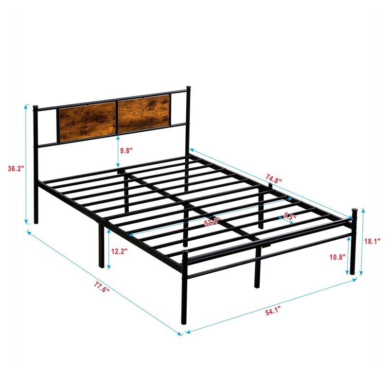 Metal Platform Bed Frame with Headboard and Wood Panel Decoration, Twin, Full, and Queen Sizes Bedroom Furniture