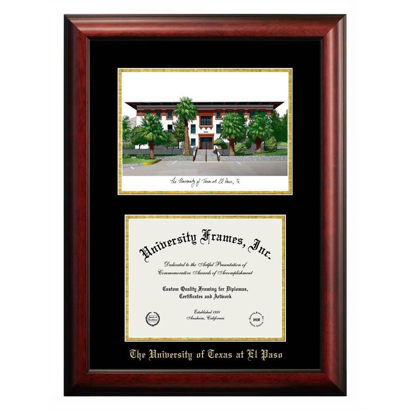 University of Texas, El Paso 11w x 8.5h Gold Embossed Diploma Frame with Campus Images Lithograph