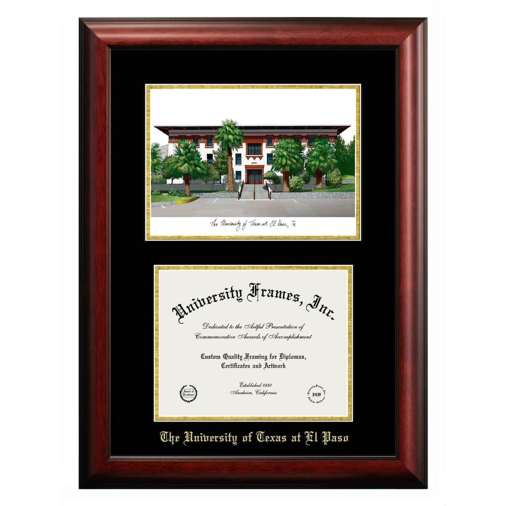 University of Texas, El Paso 11w x 8.5h Gold Embossed Diploma Frame with Campus Images Lithograph