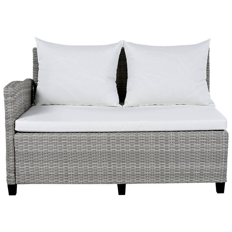 5-Piece Outdoor Rattan Sectional Sofa Set with Dining Table, Bench, and 2 Extendable Side Tables