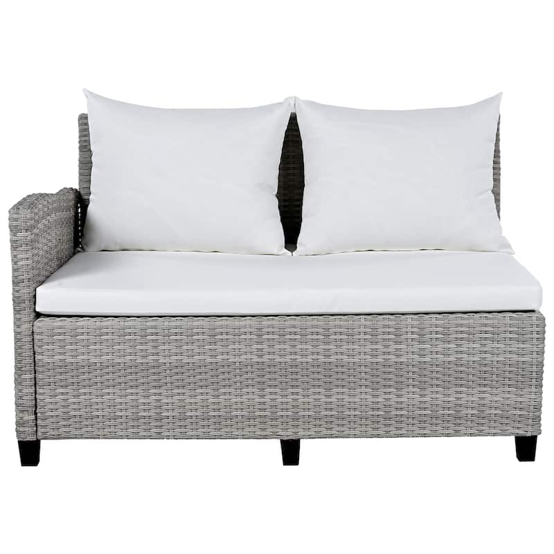 Roomfitters 5-Piece Outdoor PE Wicker Patio Sofa Set with 2 Extendable Side Tables, Dining Table