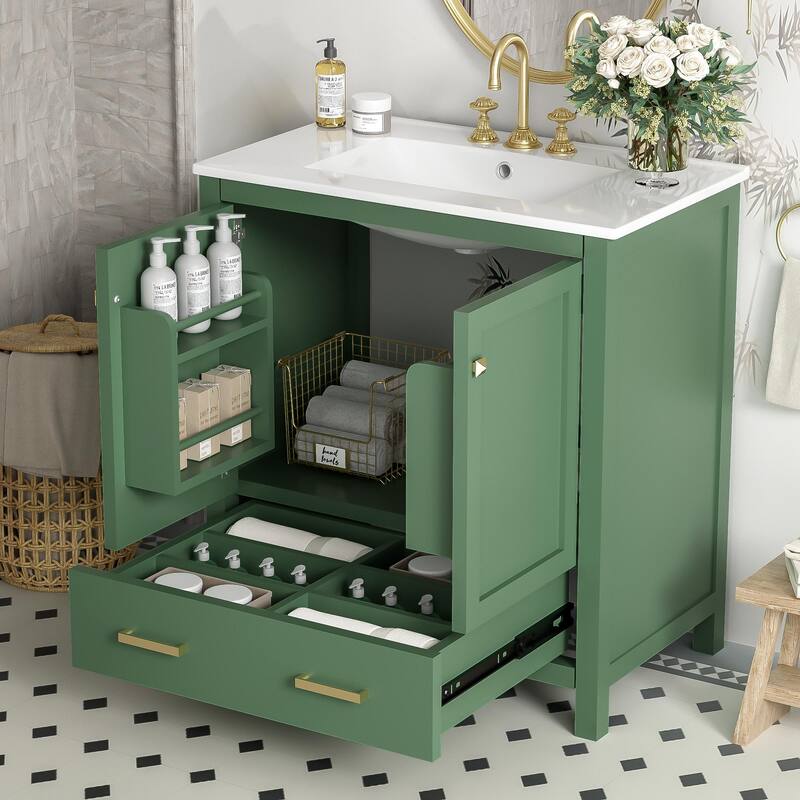 Bathroom Vanity with Single Sink, Bathroom Storage Cabinet with 2 Doors and 1 Drawer, Bathroom Vanities with Solid Wood Frame - Green