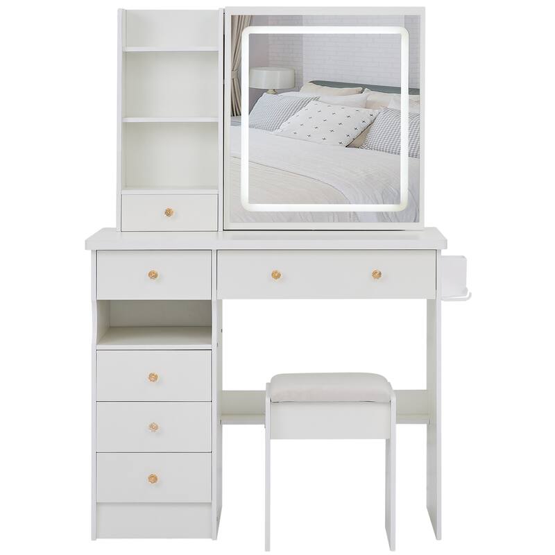 37" Middle Size Left Drawer Desktop Vanity Table + Cushioned Stool Dresser Set, Large Touch Control LED Sliding Mirror
