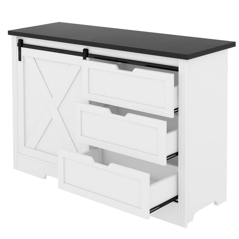 Farmhouse Sliding Barn Doors Sideboard Storage Cabinet with 3 Drawers, Dining Room Buffet Cabinet Dresser Bar Chest