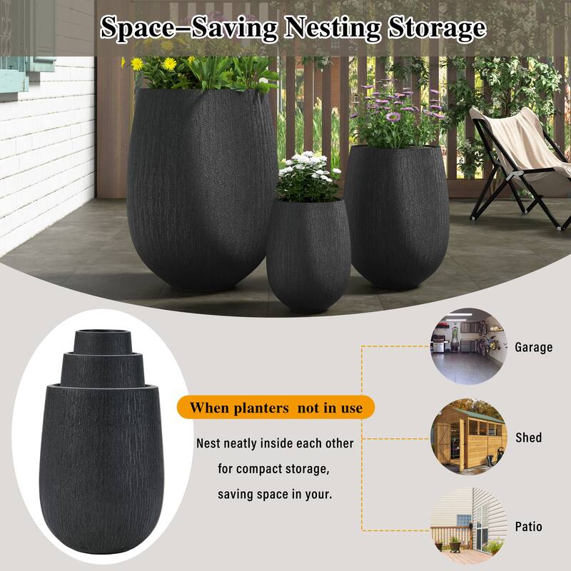 Egg-Shaped Lightweight MGO Outdoor Planter Set of 3,Modern Stone-Look Textured Flower Pots with Drainage Holes and Rubber Plug