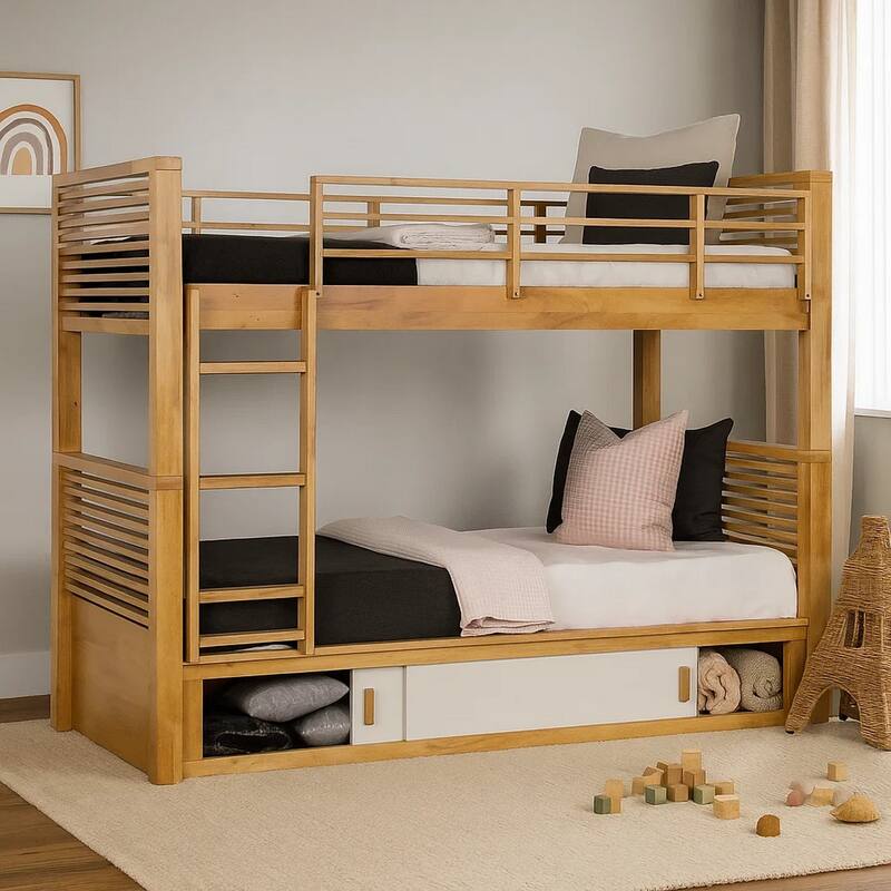Dilu Twin over Twin Bunk Bed, Light Oak Brown Hardwood, Reversible Ladder