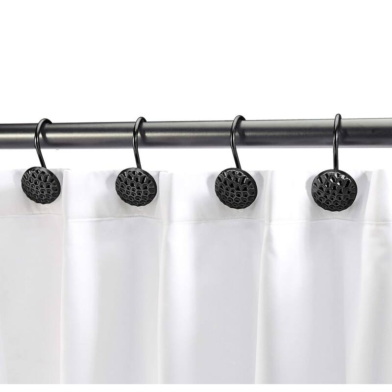 12 Piece Set - Matte Black Pebble Stones Heavy Duty Shower Curtain Hooks Rings Rustproof Metal - Matte Black - Matte Black