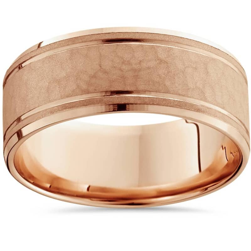 8mm Hammered Center Mens Wedding Band Rose Gold