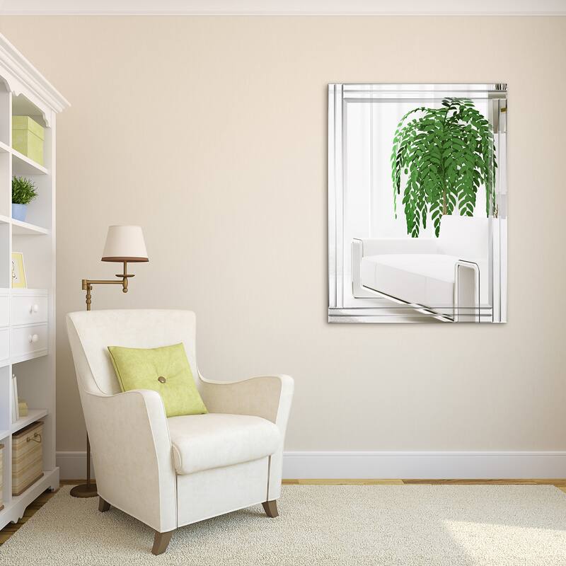Moderno Stepped Beveled Rectangle Wall Mirror, Solid Wood Frame, 1"-Beveled Center Mirror, Ready to Hang - Clear