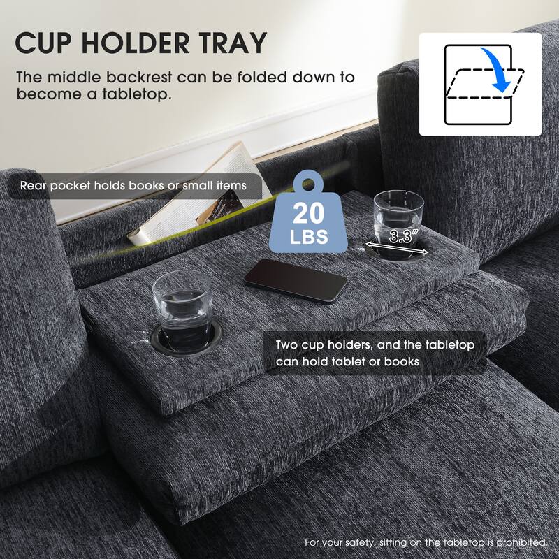 Chenille Sectional Sofa With Bluetooth Speaker,Cloud Couch Set With Drop Down Table,Cup Holders,Usb Charger,Storage Armrest