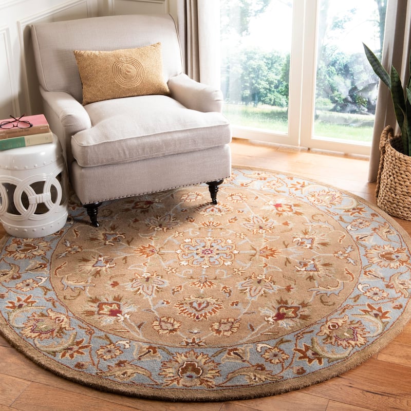 SAFAVIEH Handmade Heritage Heritage Bloom Brown/ Blue Wool Rug - 6' x 9' Scallop - Beige/Blue - Runner/Rectangle