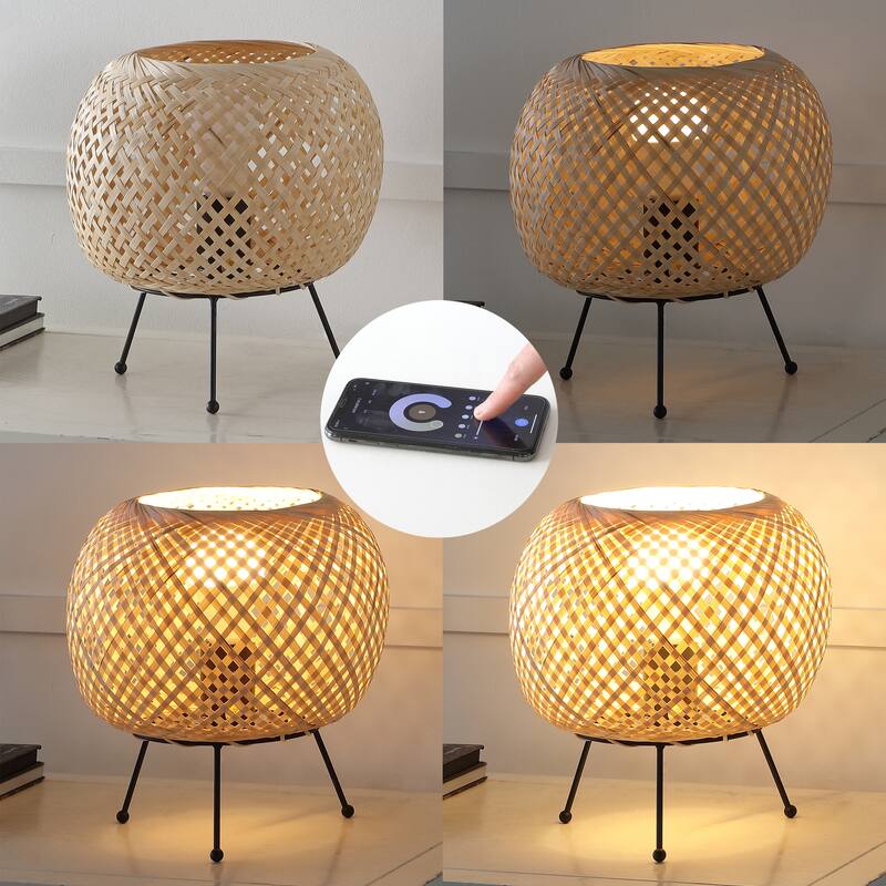 Chakrii 10.75" Bohemian Rustic Iron/Rattan LED Mini Table Lamp with Smart Bulb, Black/Brown by JONATHAN Y