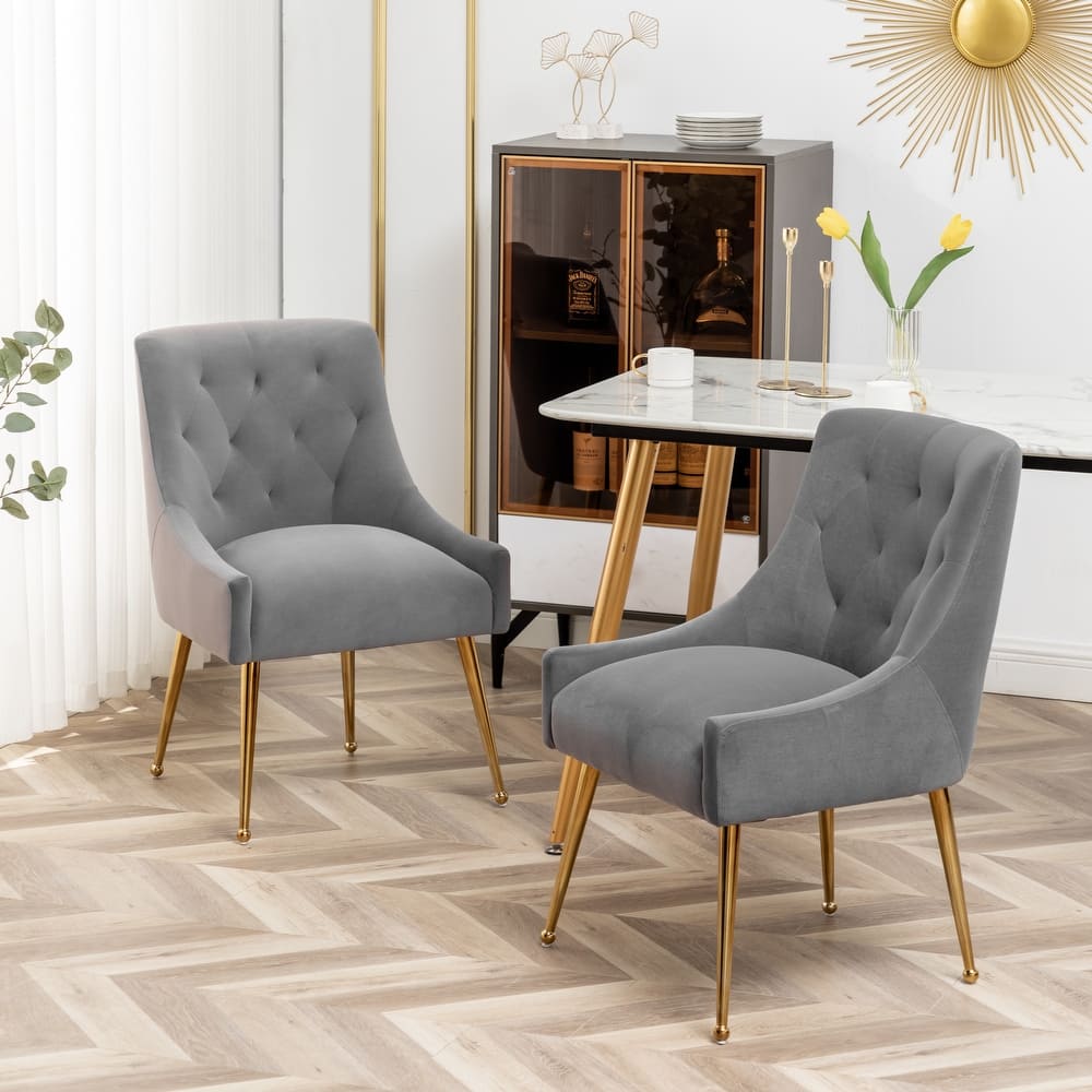 SEYNAR Modern Boucle Velvet Upholstered Accent Dining Chair Set of 2 Tufted Back Armless Chair with Golden Legs