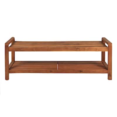 Lutyens 50.8" 3-Seat Mid-Century Modern 600-Lbs Support Acacia Wood Slat Outdoor Garden Patio Bench, Teak, by JONATHAN Y