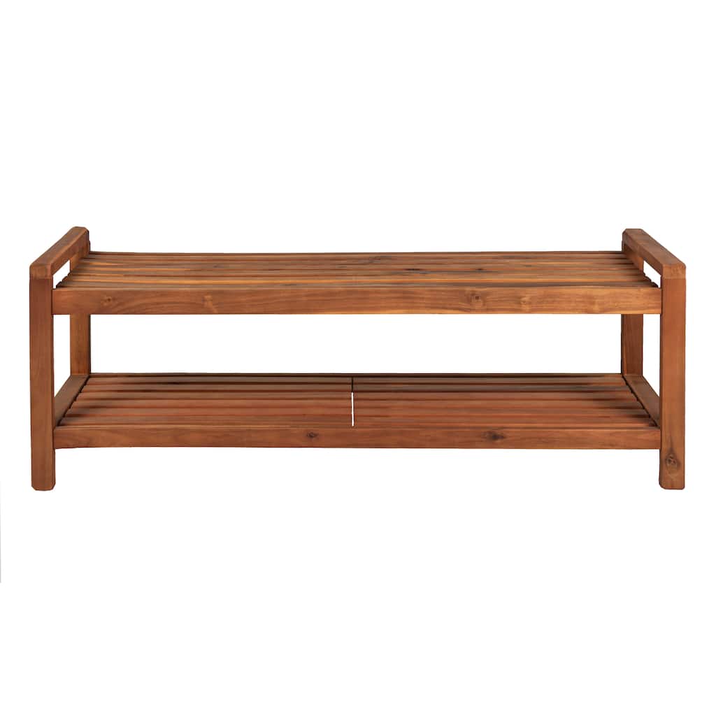Lutyens 50.8" 3-Seat Mid-Century Modern 600-Lbs Support Acacia Wood Slat Outdoor Garden Patio Bench, Teak, by JONATHAN Y