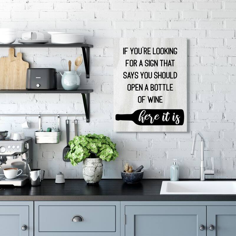 Stupell Sign to Open Bottle of Wine Phrase Alcohol Humor Canvas Wall Art - Black