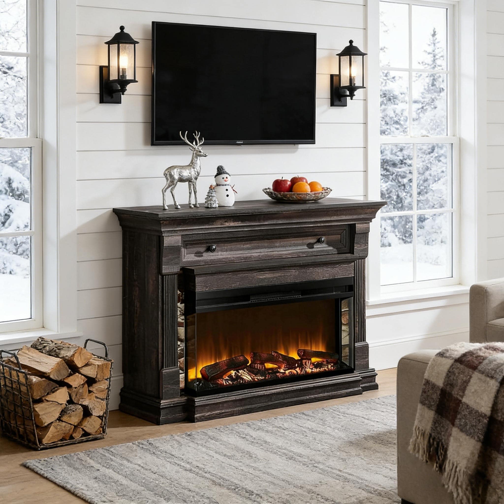 52" Farmhouse 3-Sided Fireplace TV Stand, Wood Entertainment Center