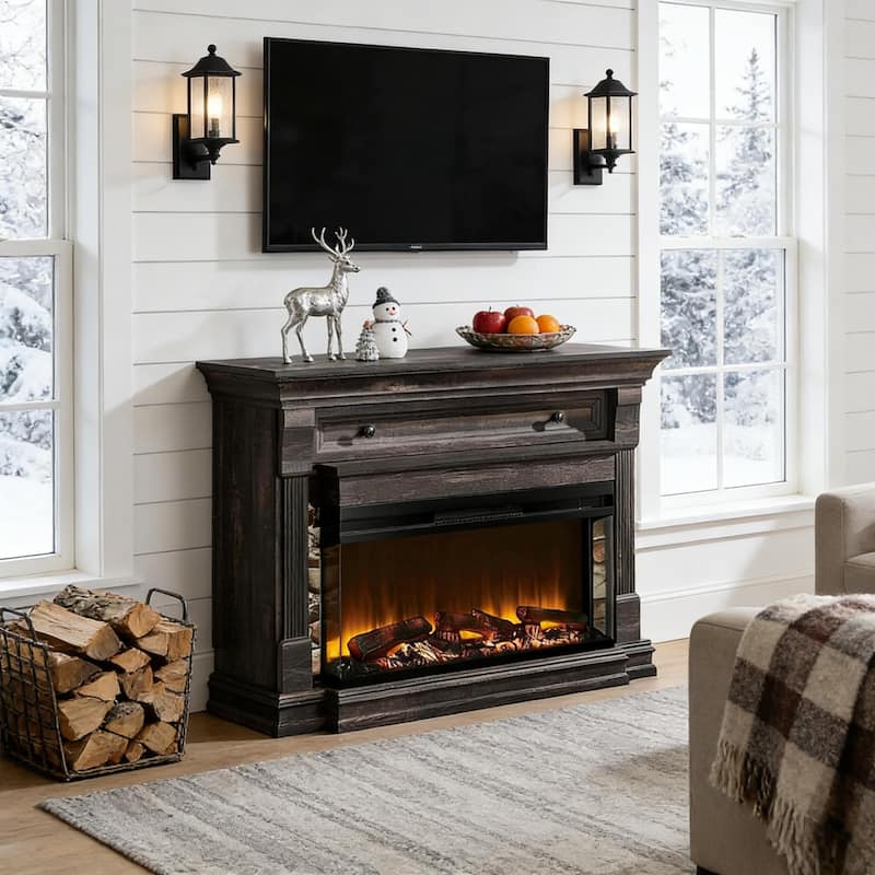 52" Farmhouse 3-Sided Fireplace TV Stand, Wood Entertainment Center - BLACK