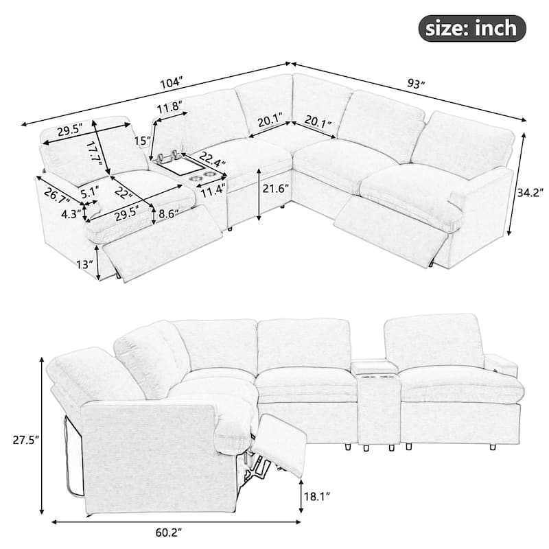 104'' Power Recliner Corner Sofa Home Theater Reclining Sofa Sectional Couches with Storage Box, Cup Holders, USB Ports and Powe