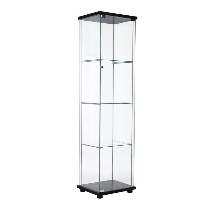 One Door Glass Cabinet Glass Display Cabinet with 4 Shelves - Black