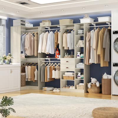 Rackcog 63’‘ - 127.5'' Closet System with Hanging Rods, Set of 2 Corner Closet Organizer with Drawers and Shelves