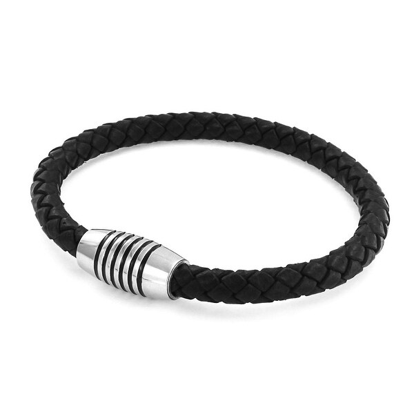 Black Woven Weave Braided Leather Bracelet Bangle Stainless 