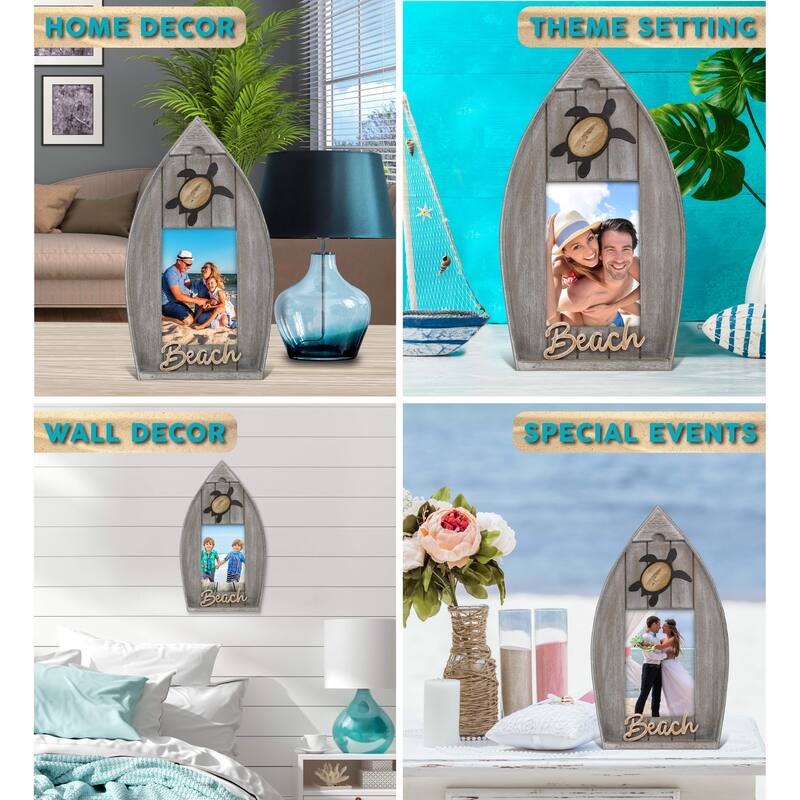 CoTa Global Grey Distressed Wood Coastal Sea Turtle Boat 4×6 Frame - 12.5 inches