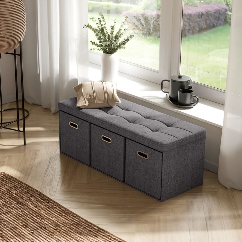 Foldable Linen Large Bench Storage Ottoman with 3 Drawer Cubes - 40"L