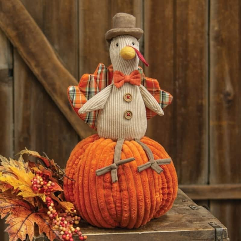 Stuffed Plaid Turkey Sitting on Pumpkin Fall Decoration - 7" x 7" x 13.50"