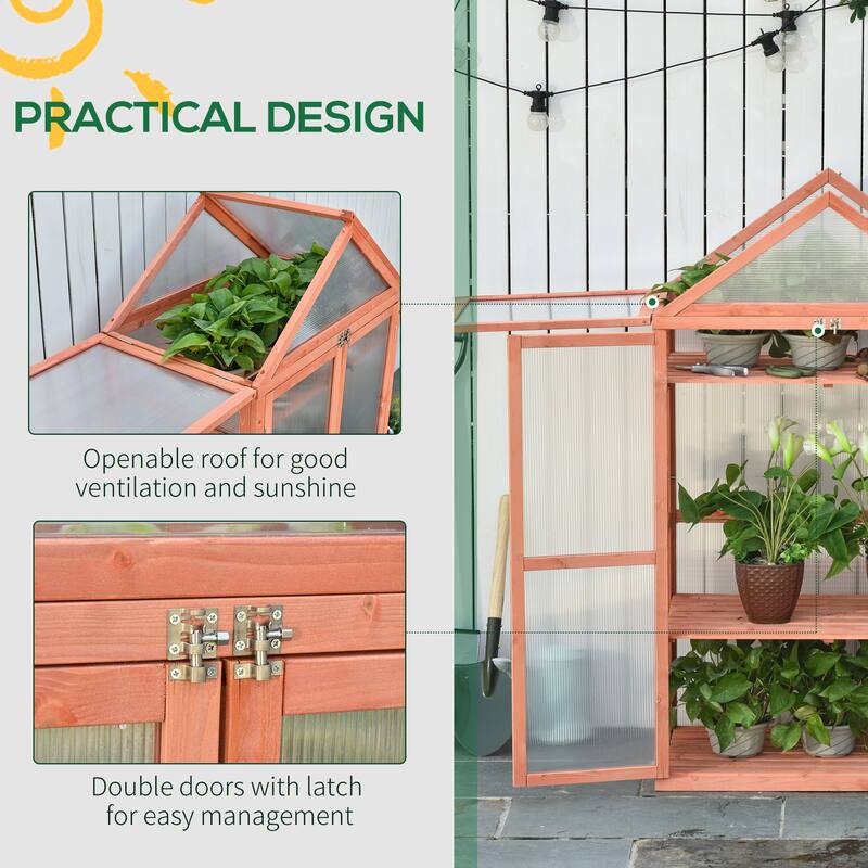 Outsunny 32" x 19" x 54" Garden Wood Cold Frame Greenhouse Flower Planter with Adjustable Shelves, Double Doors, Orange