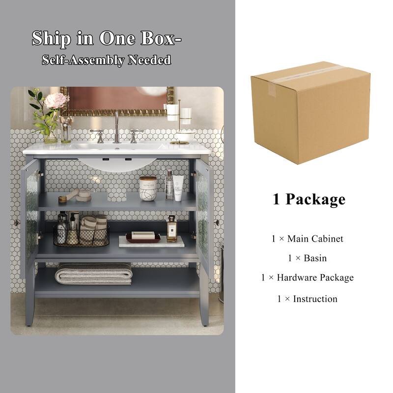 36" Storage Cabinet for Bathroom Vanity with Sink, Textured Glass Doors, Open Shelf, Silver Metal Knobs and Adjustable Shelf