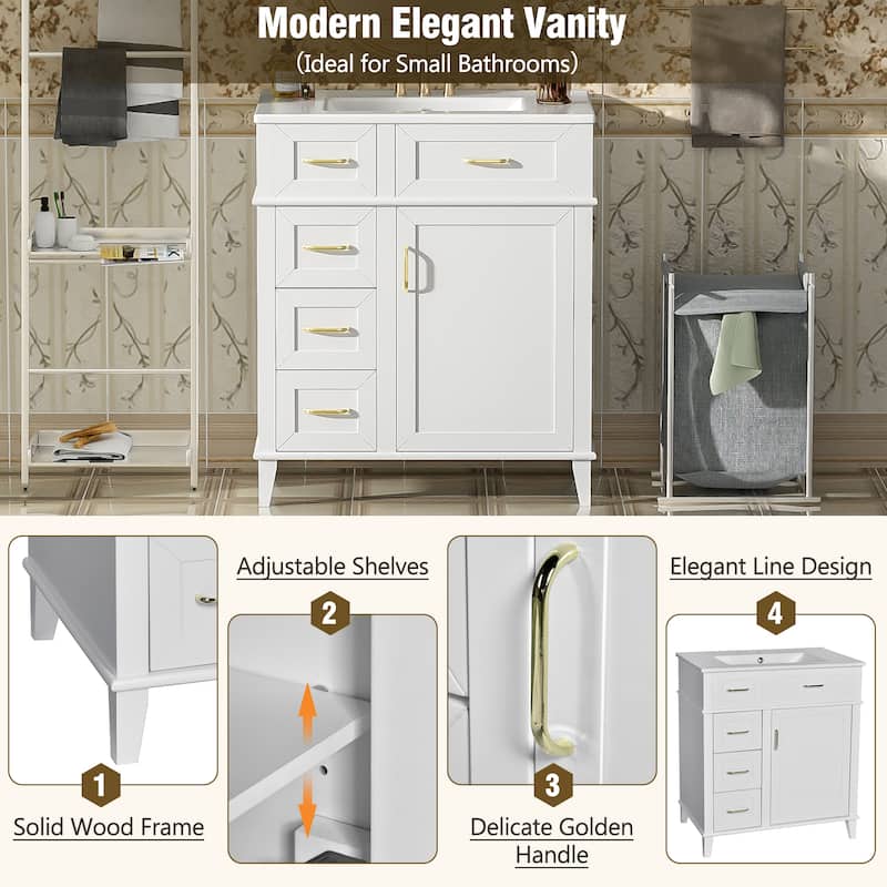Traditional 30 Inch Bathroom Vanity with Sink, 3 Soft-Close Drawers, Adjustable Storage, Gold Hardware, Freestanding