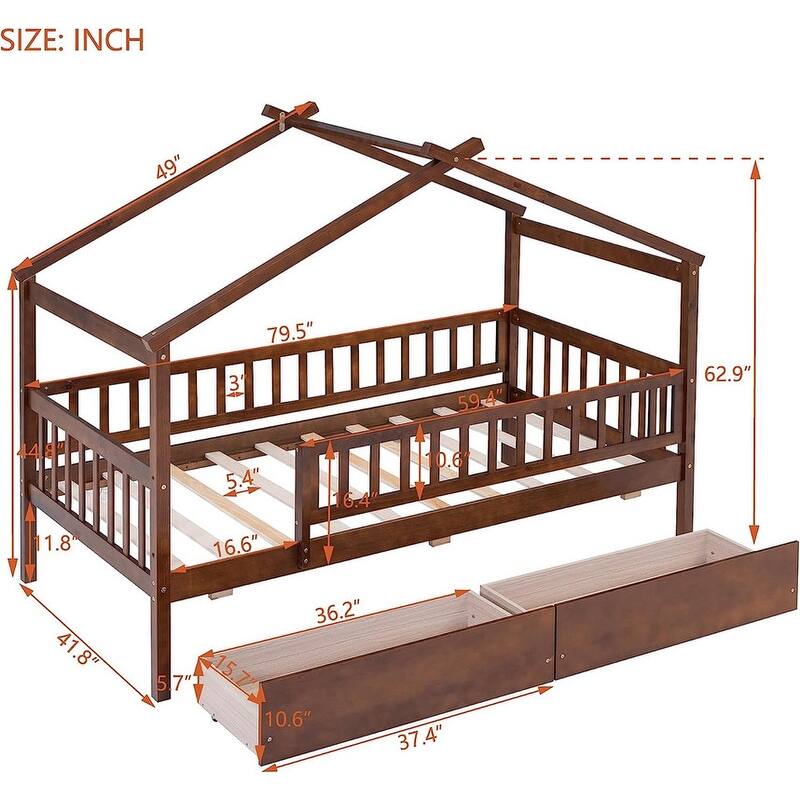 Twin House Bed with 2 Storage Drawers,Rails and Roof for Kids