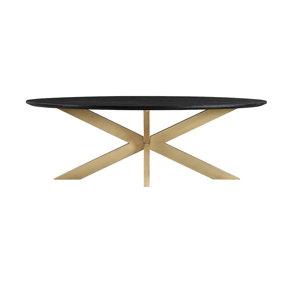 47 Inch Oval Coffee Table, Black Oak Wood, Brass Finished Intertwined Base