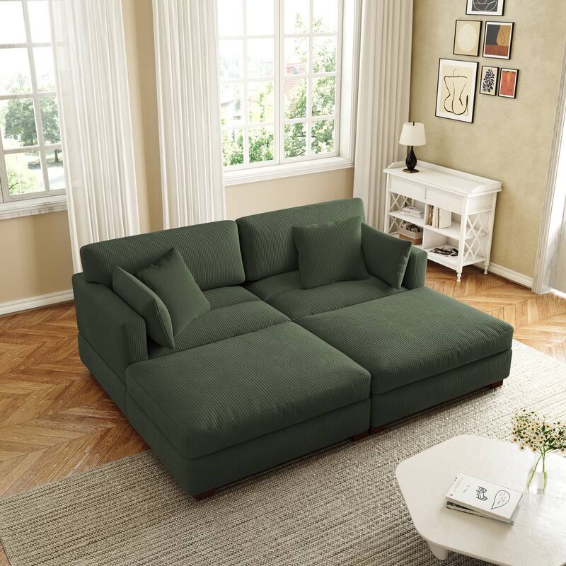 Corduroy Modular Sectional Sofa Deep Seat Corner Sofas & Ottomans - Green-2Pillows