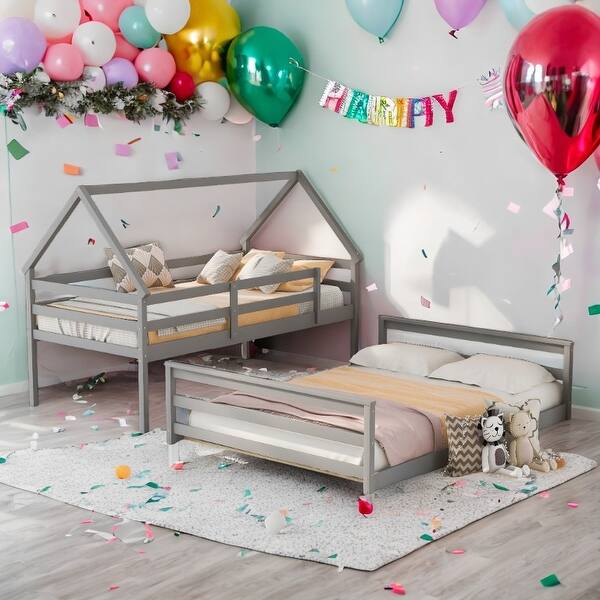 slide 2 of 33, Separate Bunk Bed,Two Separate Beds,Twin over Full House Bunk Bed with Built-in Ladder Grey