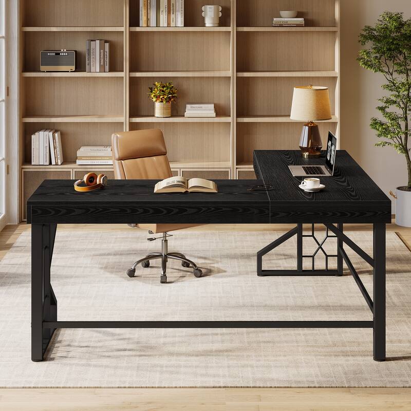 59 Inches Modern L-Shape Executive Desk, Black Computer Desk